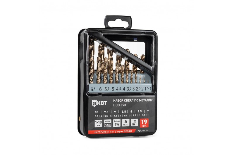 Набор сверл по металлу НСС-19К серия ПРОФИ 19 шт., сталь М35 (Р6М5К5) Кобальт, 1-10 мм