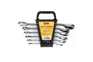 Набор гаечных комбинированных трещоточных ключей с переключателем реверса НТКП-6 (8-17) серия КВТ-PROFESSIONAL для монтажа гаек и болтов с шестигранной головкой